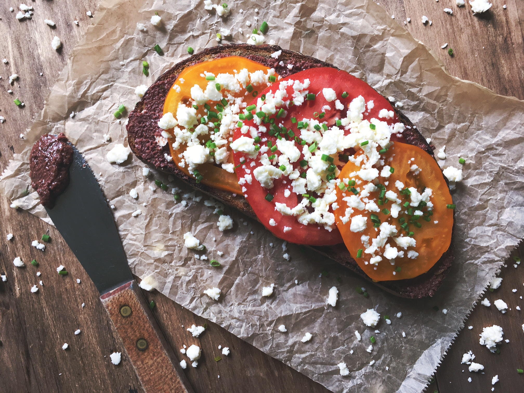 Summer tartine on potato bread