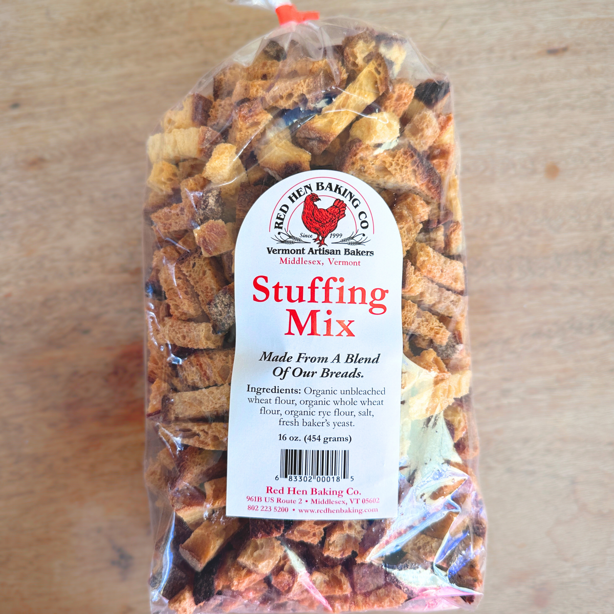 Bag of Red Hen Baking Co. stuffing mix on a wooden surface